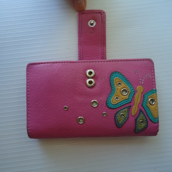 Genuine Leather Pink Wallet Button Butterfly Size-5.5x3 in - Picture 2 of 8